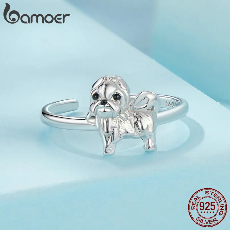 Bamoer Original 925 Sterling Silver Dog Pet Open Ring Cute Dachshund Adjustable Lovely Rings For Women Girl Daily Fine Jewelry