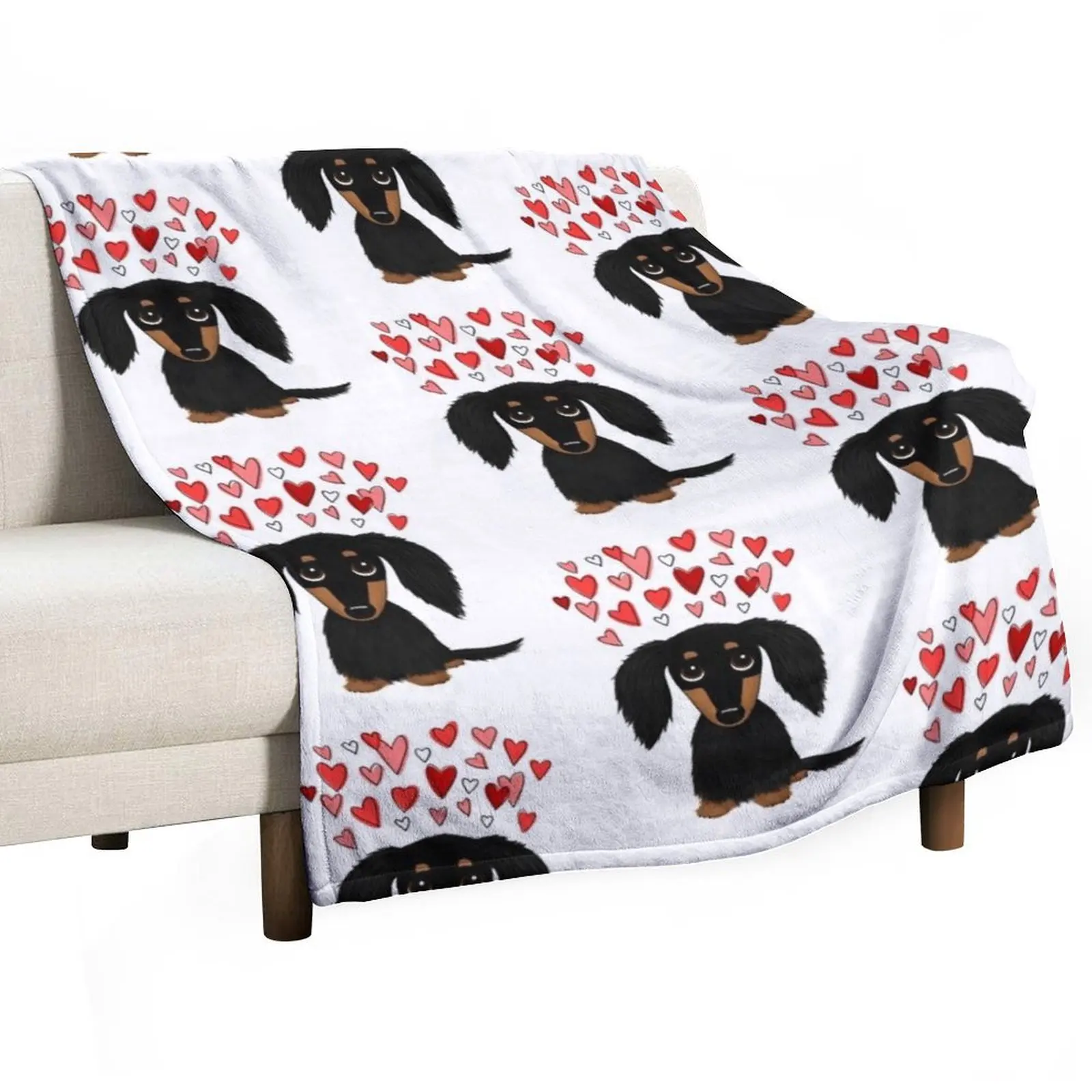 

Black and Tan Longhaired Dachshund with Hearts Throw Blanket Luxury Brand Plaid christmas gifts Plaid on the sofa Blankets