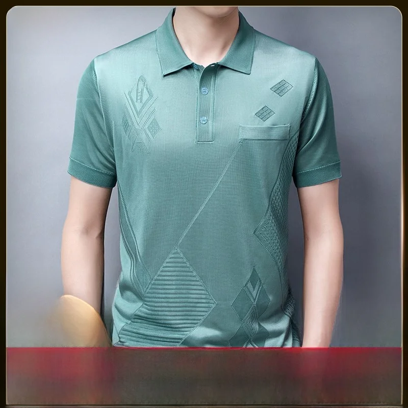 

oriera High-End Silk ort Sve irt Men's Summer Casual Turn-down Collar Ice Silk T-irt Faion Urba...