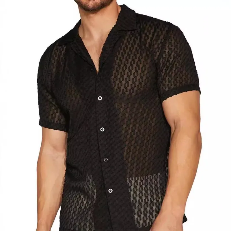 

In-stock New European and American Men's Lace Jacquard See-through Shirt Fashionable Casual and Form-fitting Top Men's Clothing