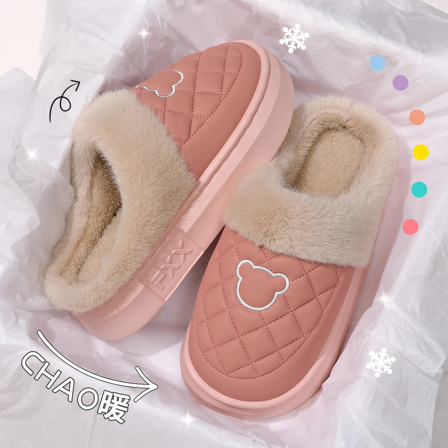 Herren Damen Winter Warme Hausschuhe Wasserdichte Plattform Dicke Sohle Fell-Slides Gemütliche Plüsch Rutschfeste Weiche Indoor Outdoor Baumwoll-Mules – Detail 2