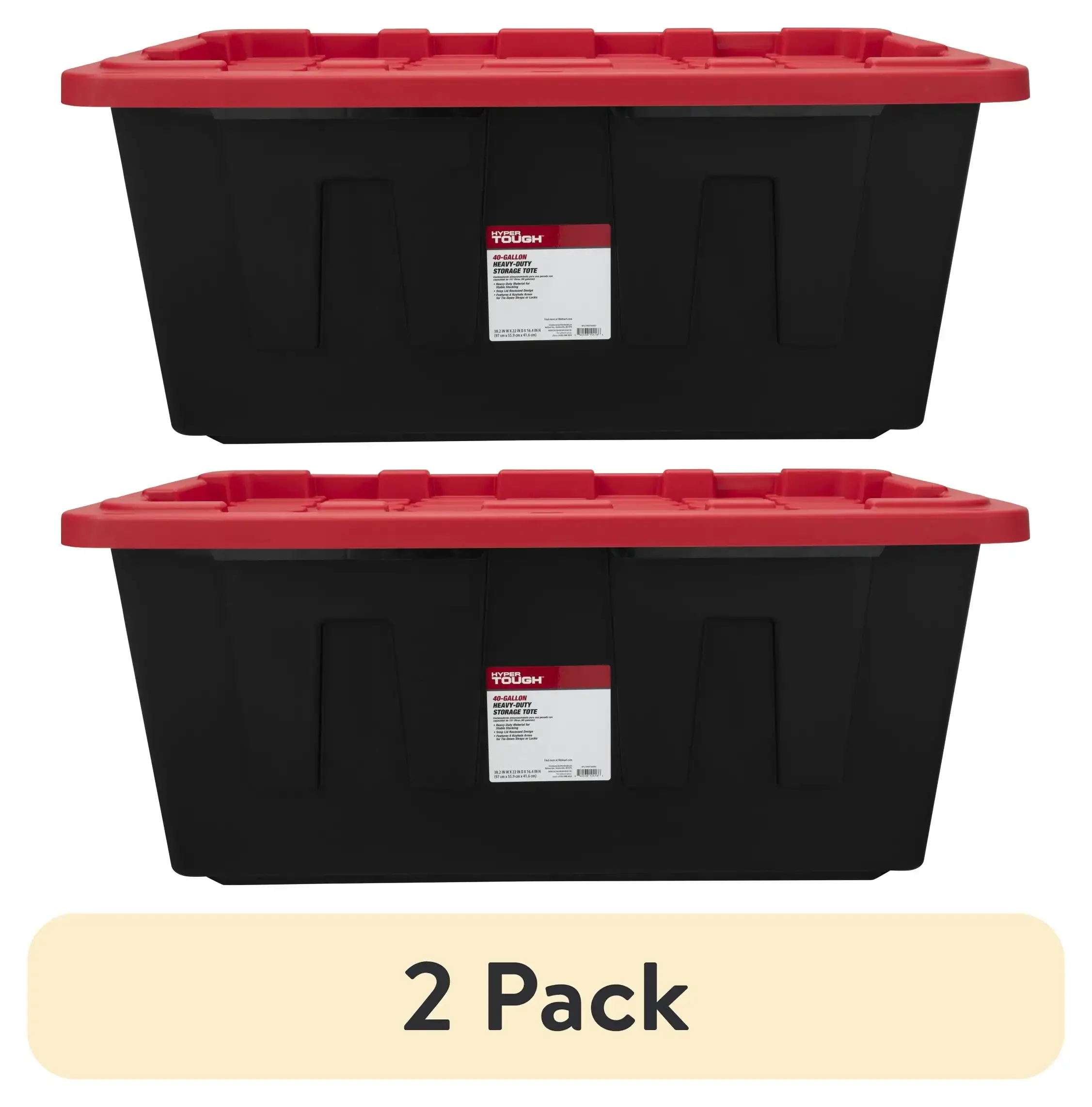 

(2 pack) Hyper Tough Extra Large Storage Bin, 40 Gallon Plastic Storage Container with Snap-On Lid, Black and Red