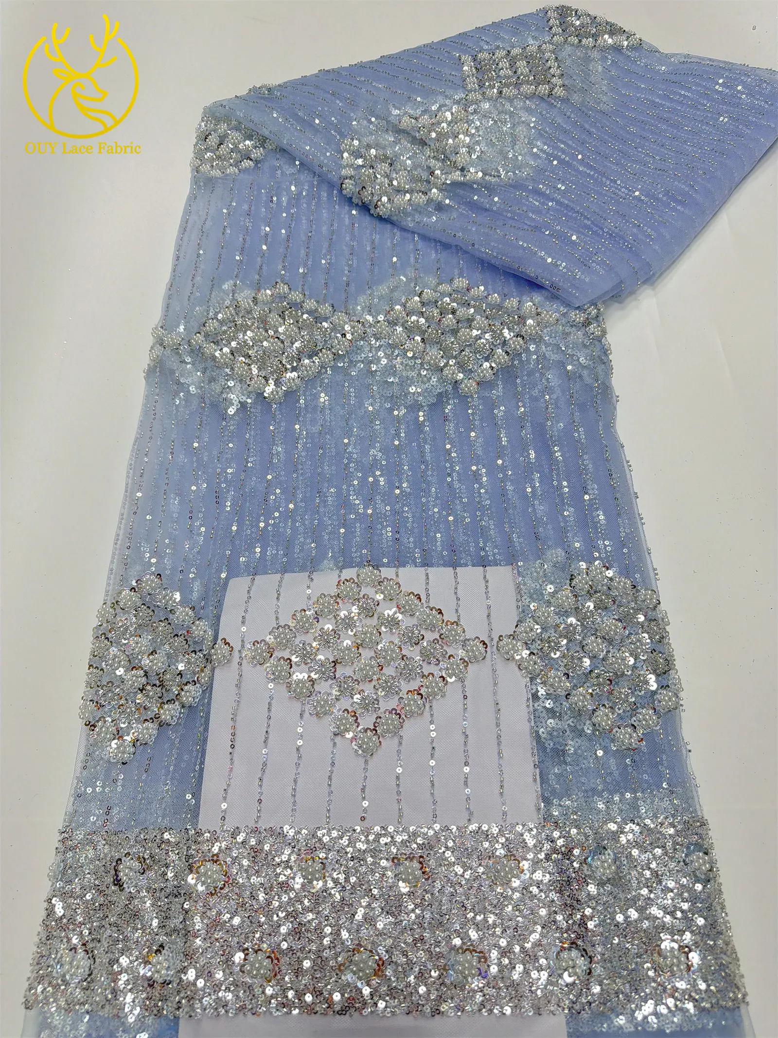 Eleganter, modischer afrikanischer Spitzenstoff mit Perlen und Pailletten, 2026, neues Design, französischer nigerianischer Tüll-Spitzenstoff für Abschlussball- und Partykleider, 5 Yards – Detail 13