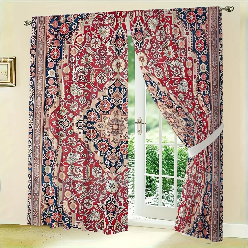 2PC Luxury Moroccan Persian Pattern Curtain Drapes Red Blue Print Oriental Bohemian Vintage Window Curtain Pair Home Decor