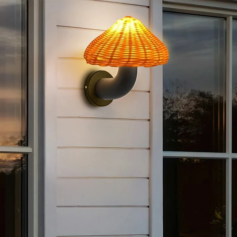 

Mushroom Creative Decoration Villa Corridor Garden Courtyard Exterior Wall Lamp Rattan Woven Waterproof Outdoor Wall Lamp