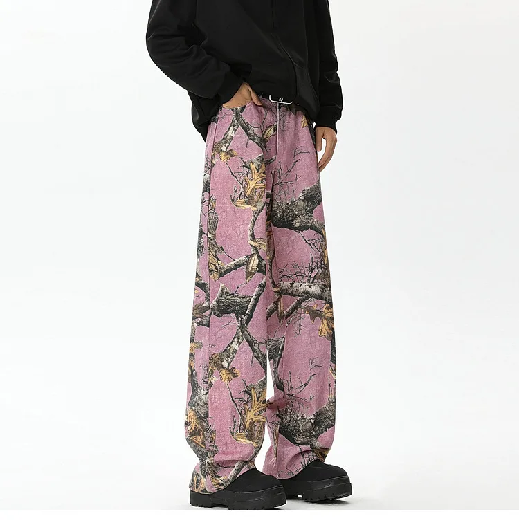 Spring and Autumn New American Retro High Street Style Men's Pink Branch Graffiti Print High-Waisted Loose Wide-Leg Jeans