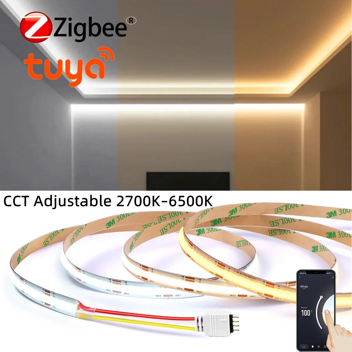 24V Tuya Zigbee COB Strip Light CCT Color Temperature Adjustable 2700K–6500K For Cabinet Wall Decor For Alexa Google Voice Ctrl