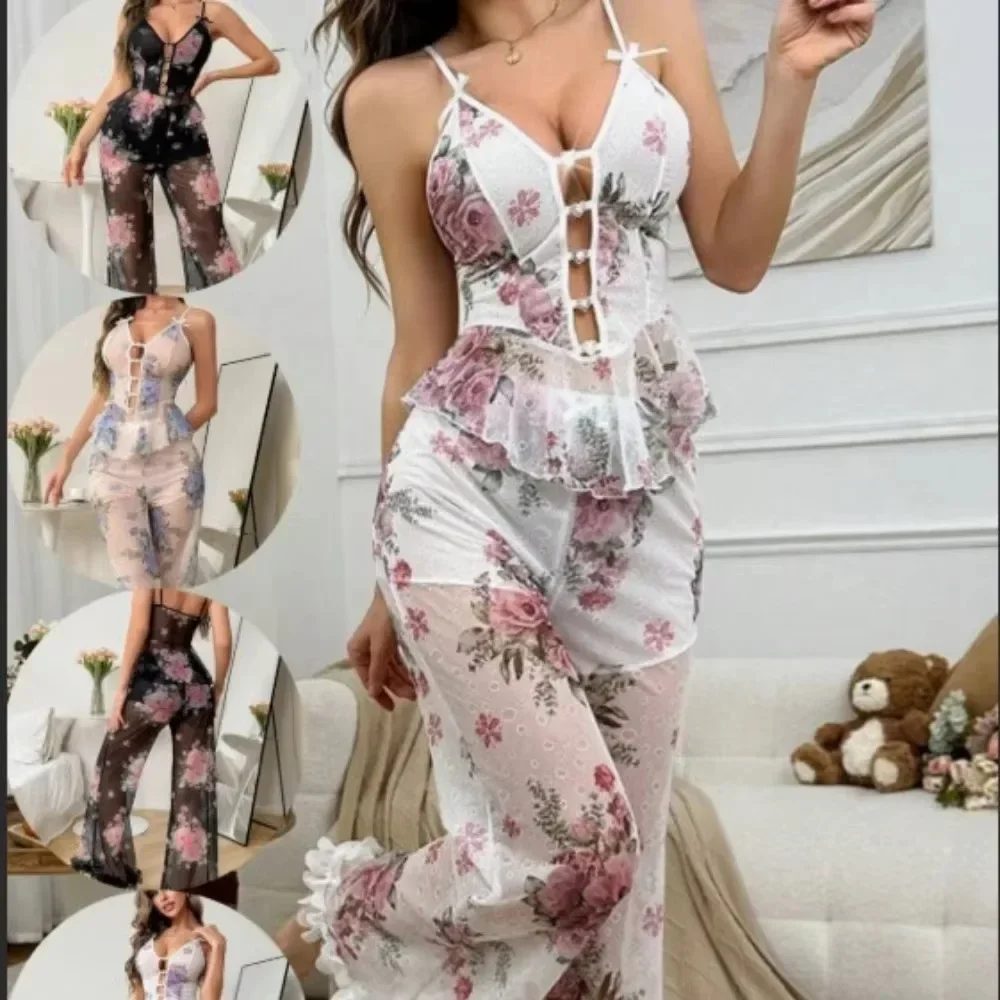 Women New Summer Floral Print Sheer Mesh 2 Piece Outfit Loose Fit Elegant Casual Set Soft Breathable