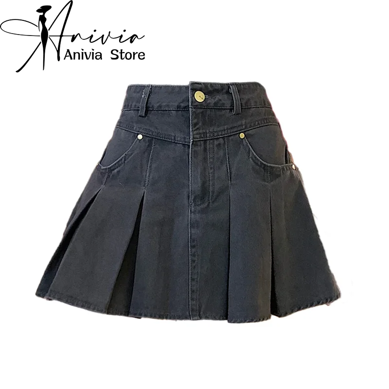 

Women's Black Gothic A-line Pleated Denim Skirt Vintage Y2k Mini Cowboy Skirts Harajuku Korean Jean Skirt 2000s Clothes Summer