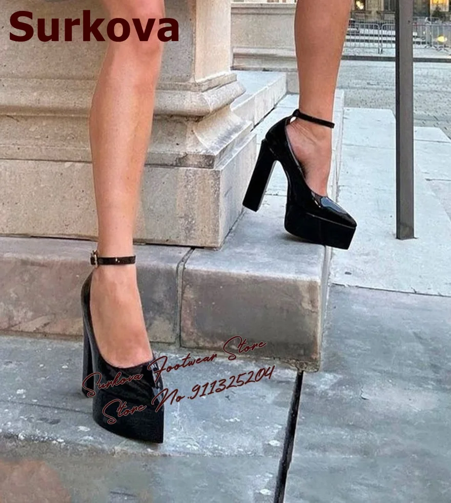 

Surkova Black Polished Chunky Heel Platform Pumps Pointed Toe Patent Leather Buckle Strap Banquet Dress Shoes Block Heels