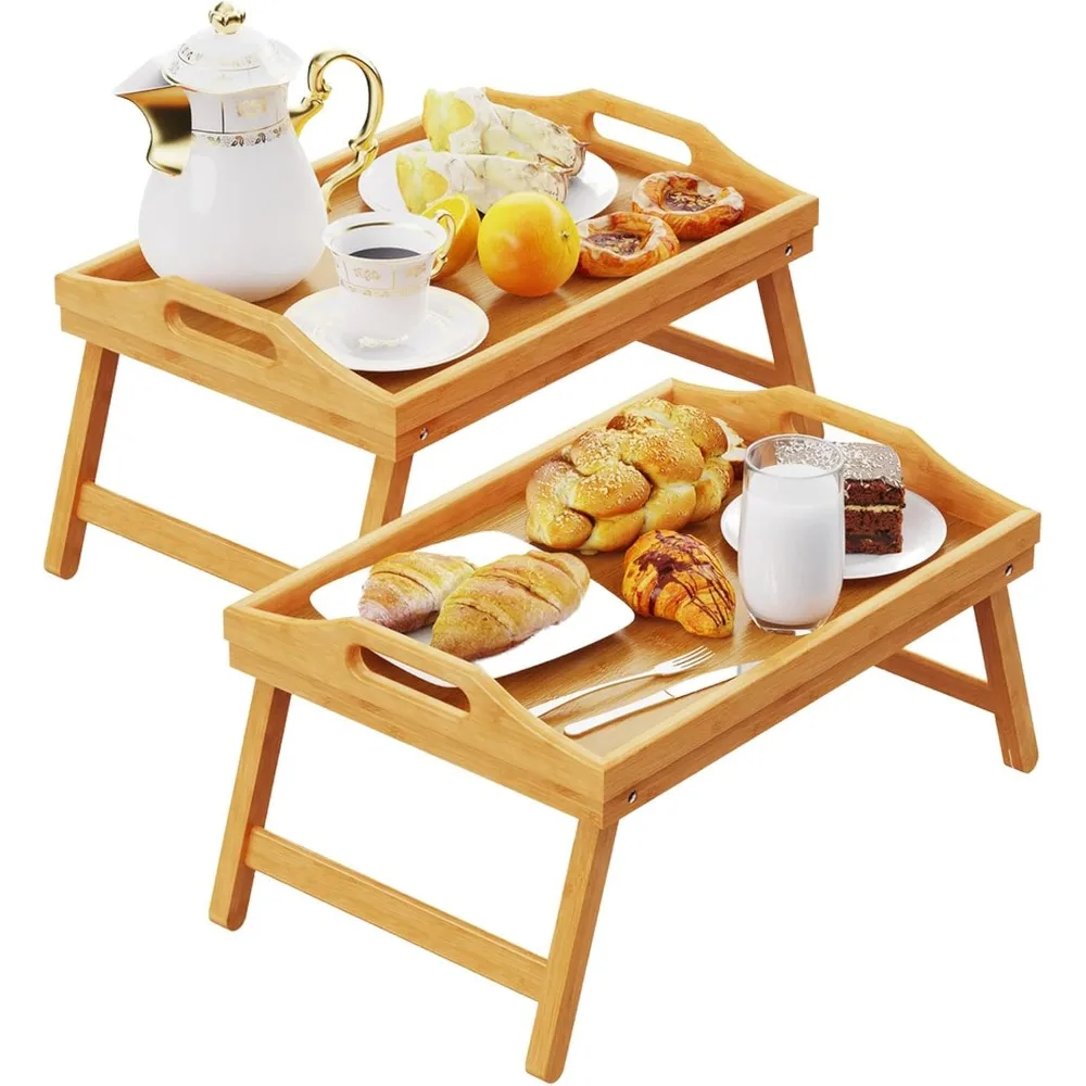 

2 Pack Bamboo Breakfast in Bed Tray with Folding Legs, 16.92x12.6 Inch Lap Table for Eating/TV/Surgery Recovery