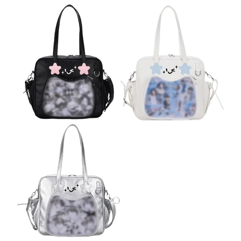 

School Girl PU Leather Shoulder Handbag Japanese Large Capacity Clear Window Crossbody Bag Itabag for Anime Pin Display