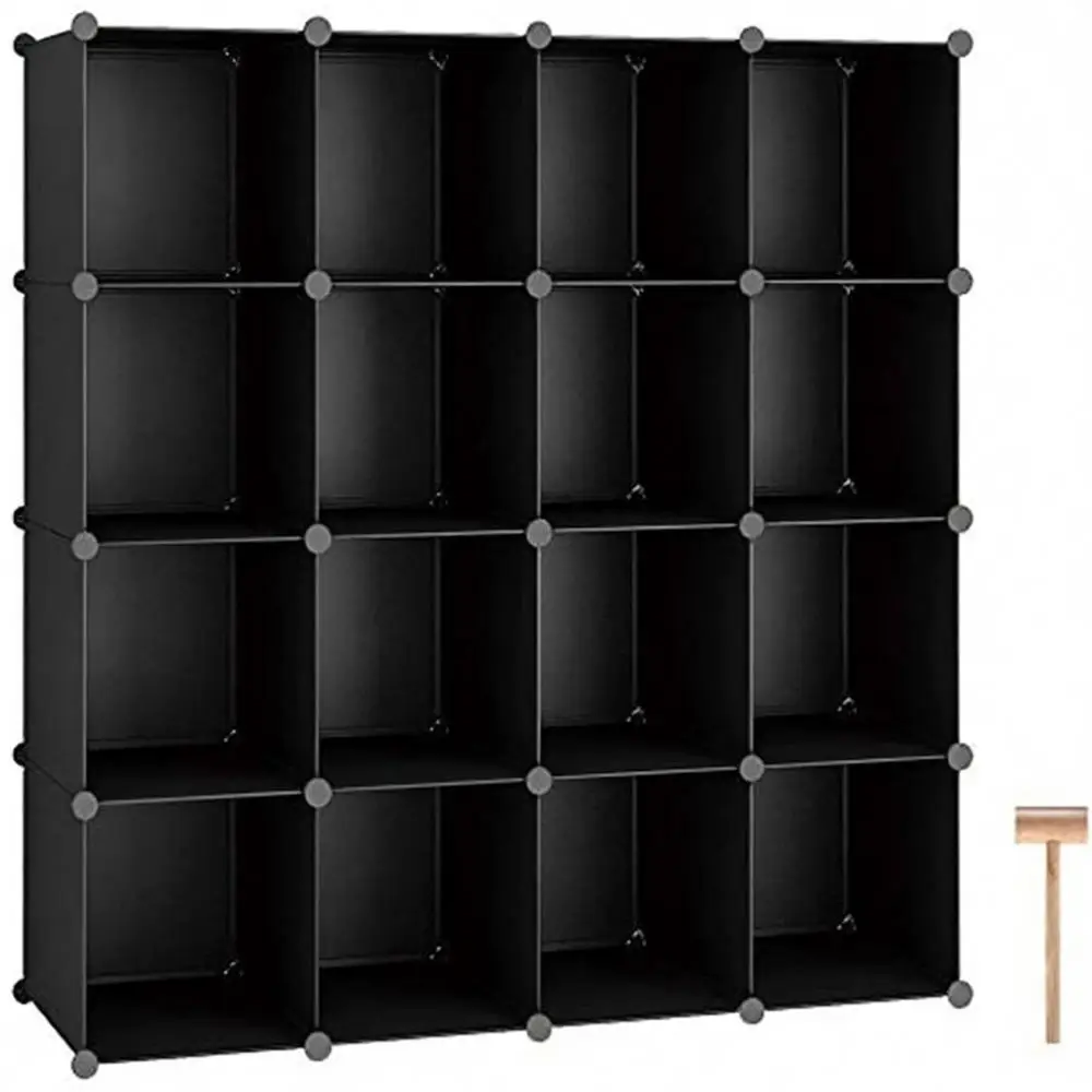 

16-Cube Storage Organizer, Plastic Shelves Unit, DIY Closet Organizer, Ideal for Home and Bedroom, 48.4 L × 12.4 W × 48.4 H, Bla