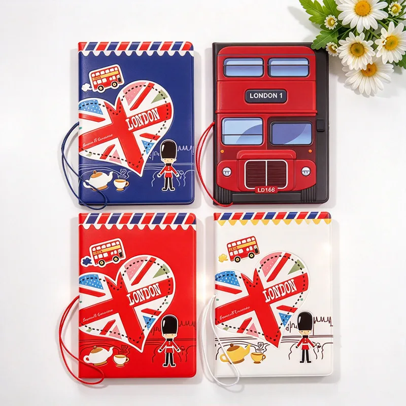 Union Jack 3D Embossed Passport Holders with Elastic Band London Bus Soldier Print Passport Covers Travel Ticket Passport Cases