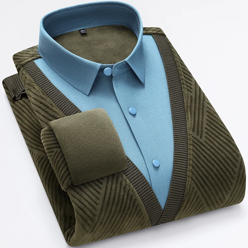 The new men's two-piece long-sleeved shirt with fleece and thickening is warm and versatile for winter casual street fashion