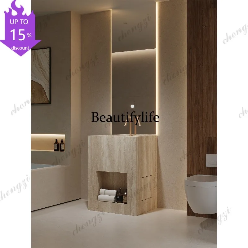 EE182 custom hotel villa beige travertine rock slab hot bending integrated column basin outdoor courtyard hand washing basin