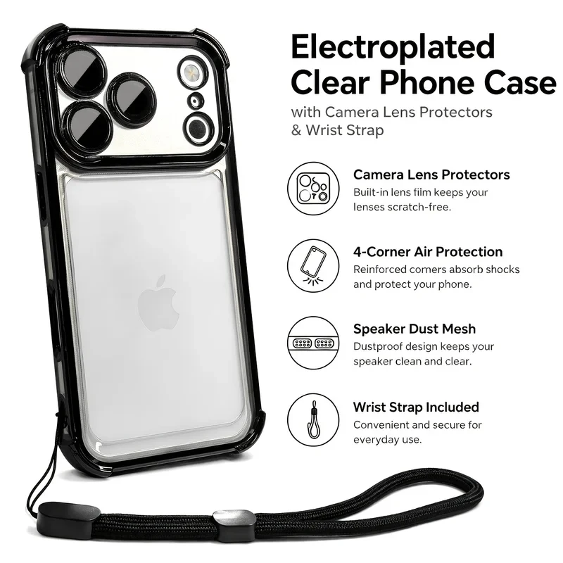 Luxury Transparent Shockproof Phone Case For iPhone 18 17 13 12 Pro Max 16 15 14 Plus Air with Wrist Strap Lens Protector Cover