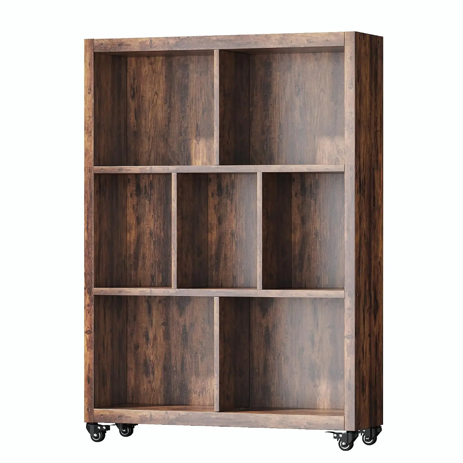 7-Cube Bookshelf Wheels Industrial Storage Organizer Bookcase Floor Display Cabinet Living Room Bedroom Office, Customized