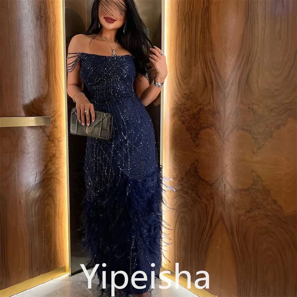 Yipeisha Fashion Exquisite Off-the-shoulder A-line Evening Dresses Tassel Paillette Beading Net Tulle Custom Dress