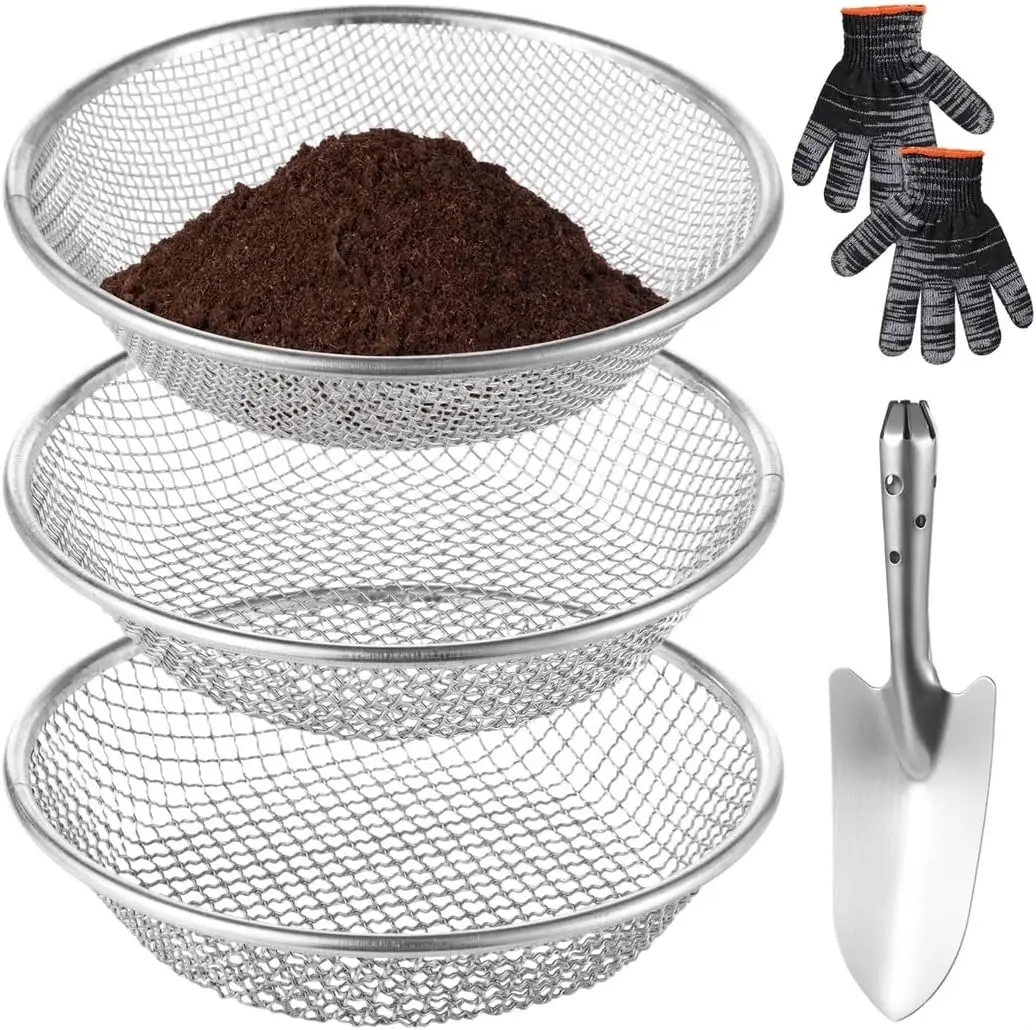 5-Piece Gardening Soil Sifting Set, Includes 3 Mesh Screens (4/6/8Mm), Shovel, Gloves, and Stainless Steel Soil Sieves for Sand,