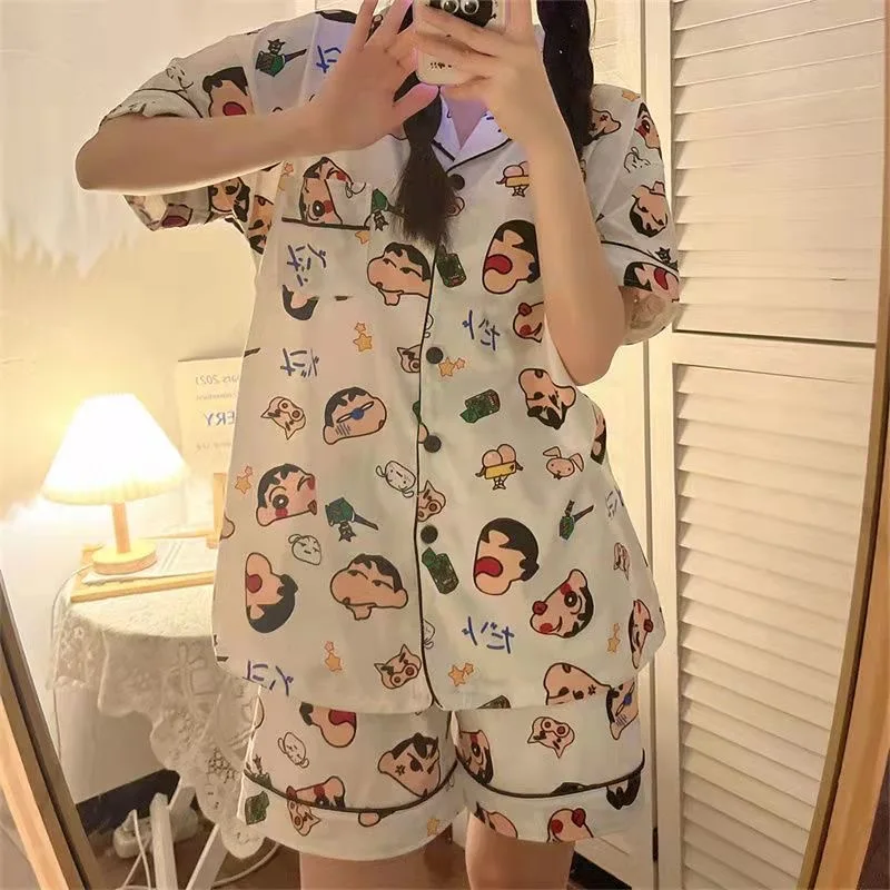 Silk Pajamas Sets For Women 2024 Summer Y2K Japan Anime Crayon Homewear Satin Girls Kawaii Cute Loose Sleepwear Tops and Shorts