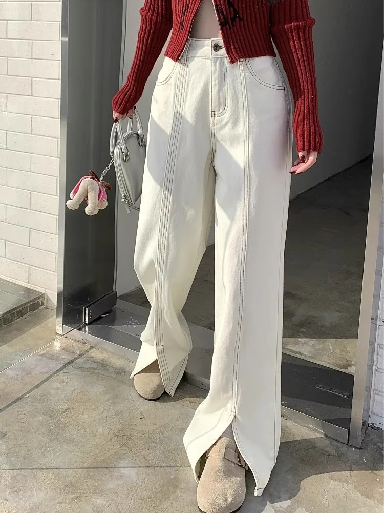 GUUZYUVIZ White High Waisted Jeans for Women Y2K Casual Split Denim Wide Leg  Pants Korean Fashion Cowboy Trousers