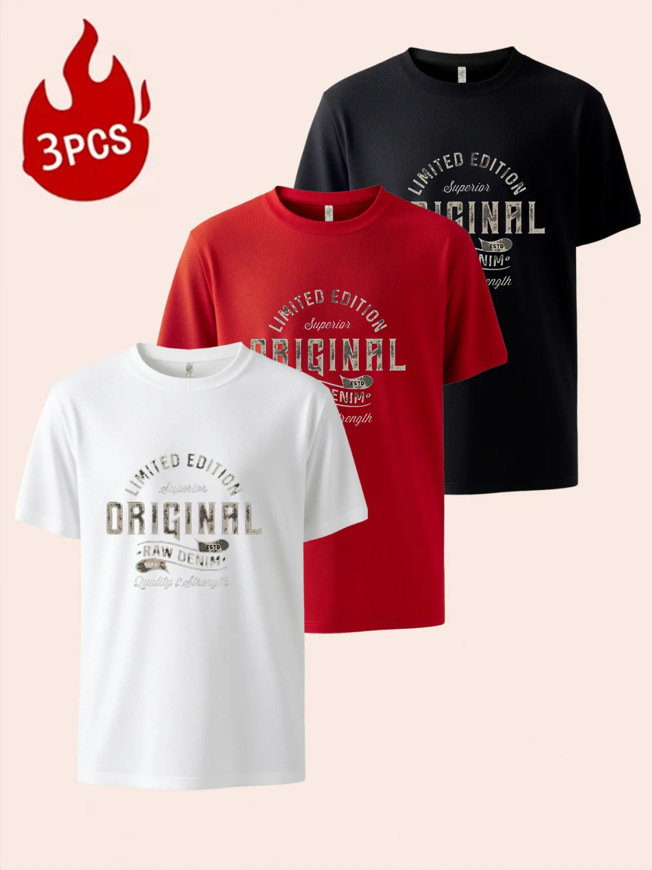 

3pcs Men's Fashion Cotton Short Sleeve T-Shirt, Multi-color Set Available, Vintage Letters Print "Edition" "Original" on Front
