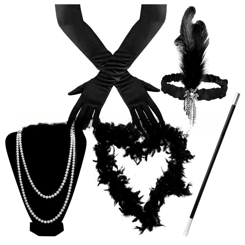 

Beaded Feather Headband 1920s Flapper Girl Party Fashion Girl Five-piece Set Dress Up