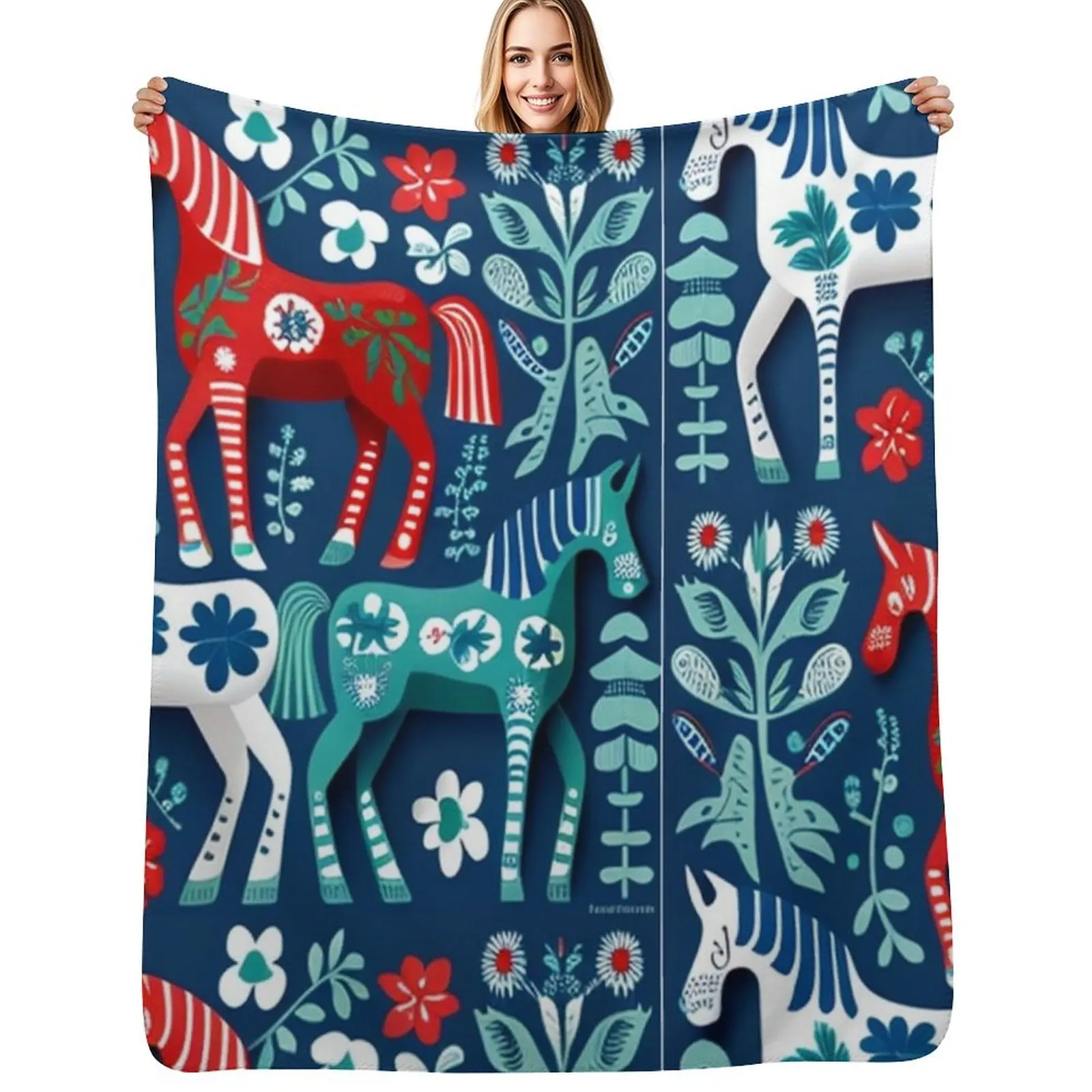 

Swedish Dala Horses Red Throw Blanket Cozy Throw Blanket for Bed Sofa Chair