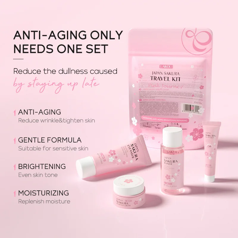 LAIKOU 4pcs/Set Sakura Skin Care Sets Face Cream Toner Facial Cleanser Sunscreen Moisturizing Skin Care Set Product Gift