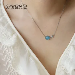 Simple Oval Blue Crystal Pendant Stainless Steel Necklace Waterproof Exquisite Jewelry Women Gift