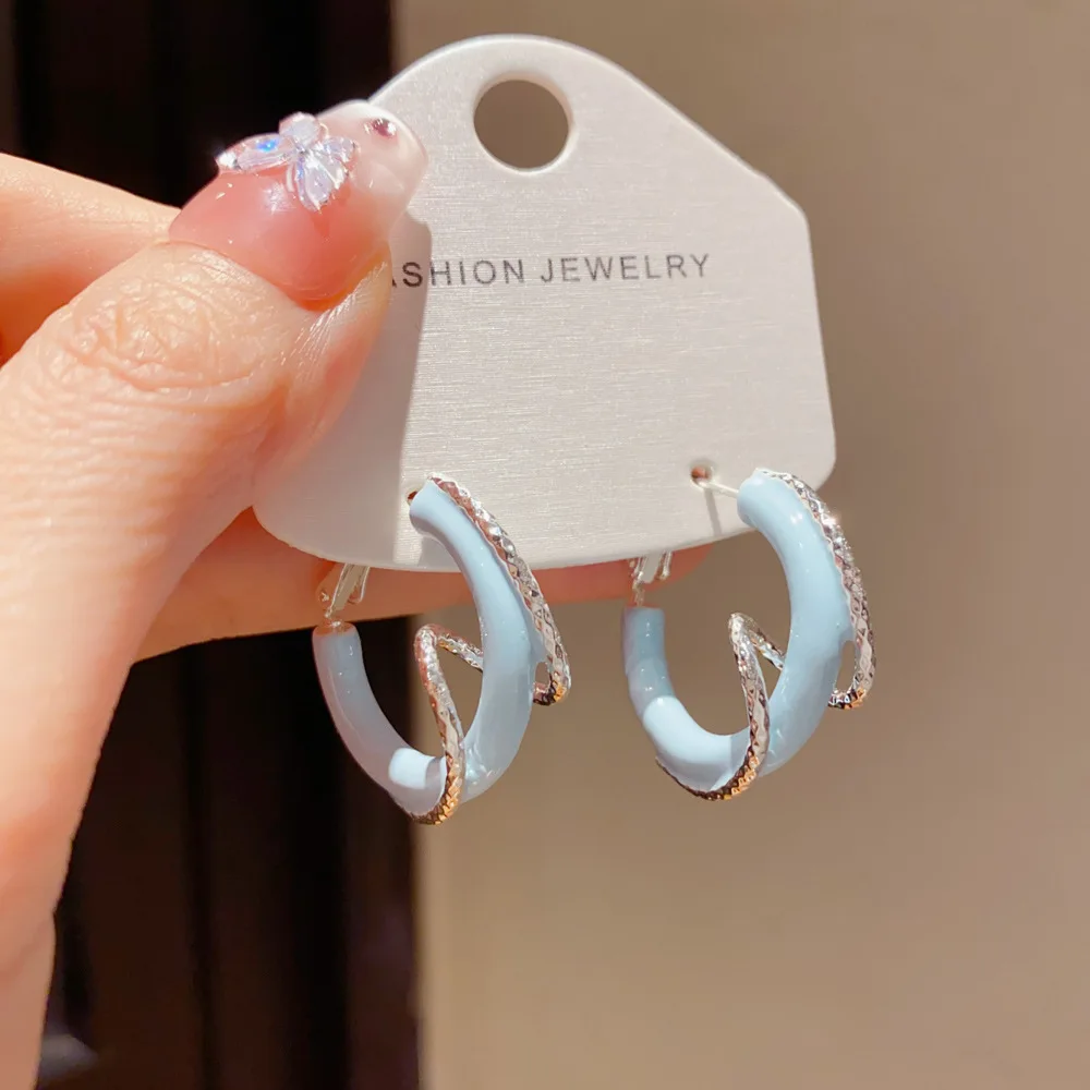 Drip Oil Surrounded By Metal Lines 925 Silver Needle Hoop Earrings For Women Unique Design Hiphop Fashion Jewelry