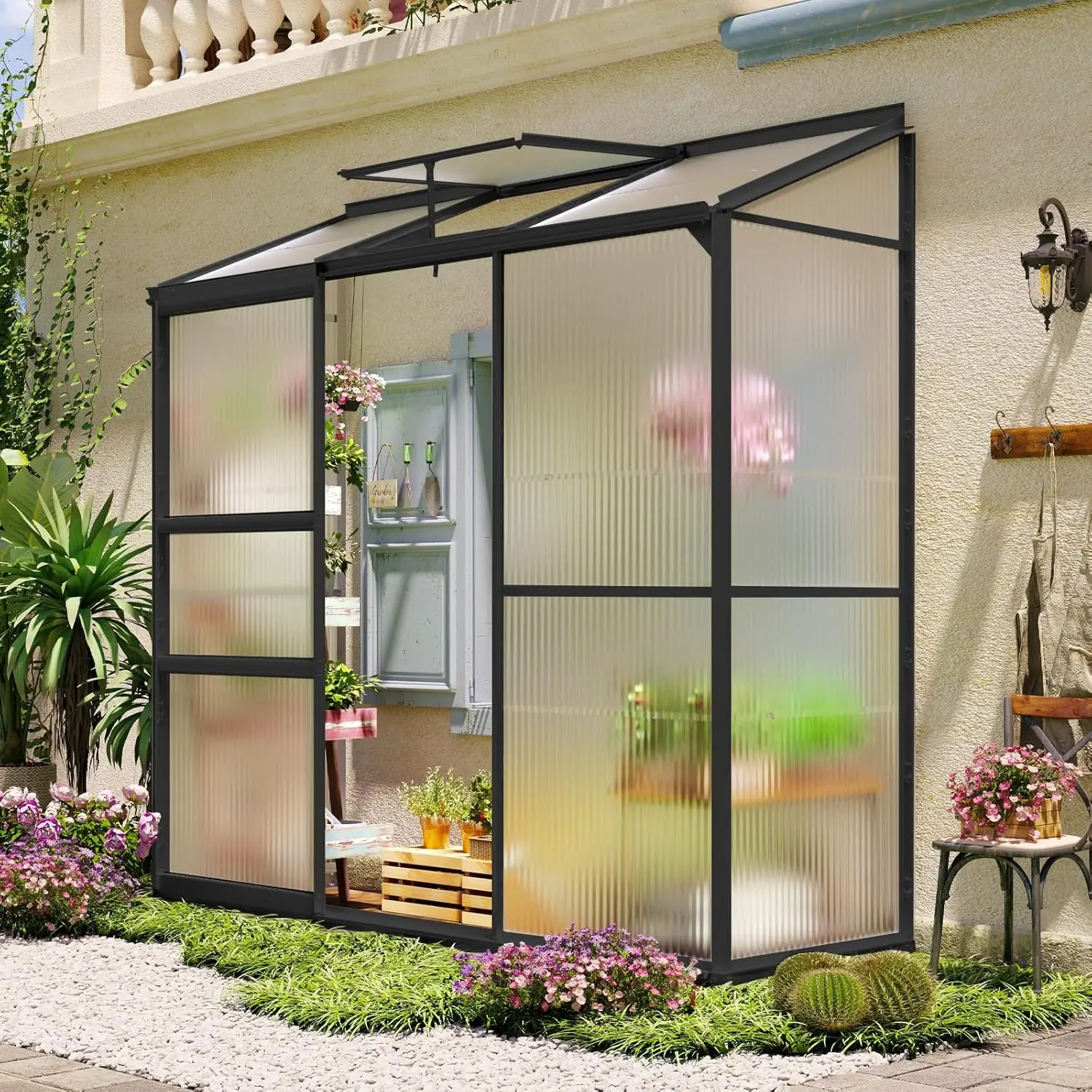 

6x2ft Polycarbonate Lean-to Greenhouse with Adjustable Roof Vent Rain Gutter Sliding Door for Garden Backyard, Custom