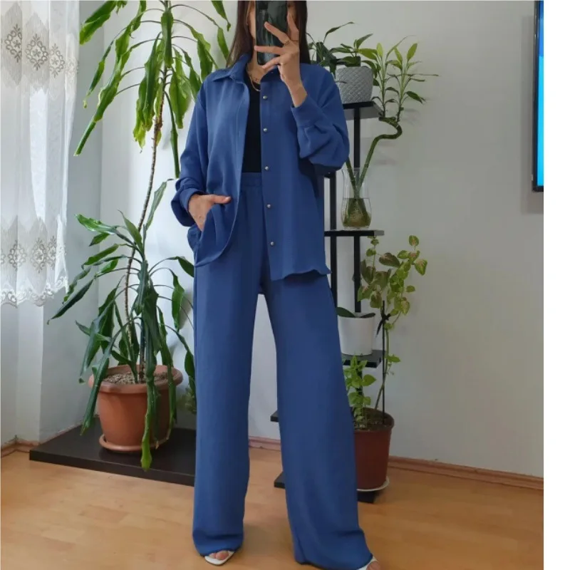 

Solid color loose top casual wide-leg pants two-piece set fashionable simple versatile temperament elegant vacation style high-e