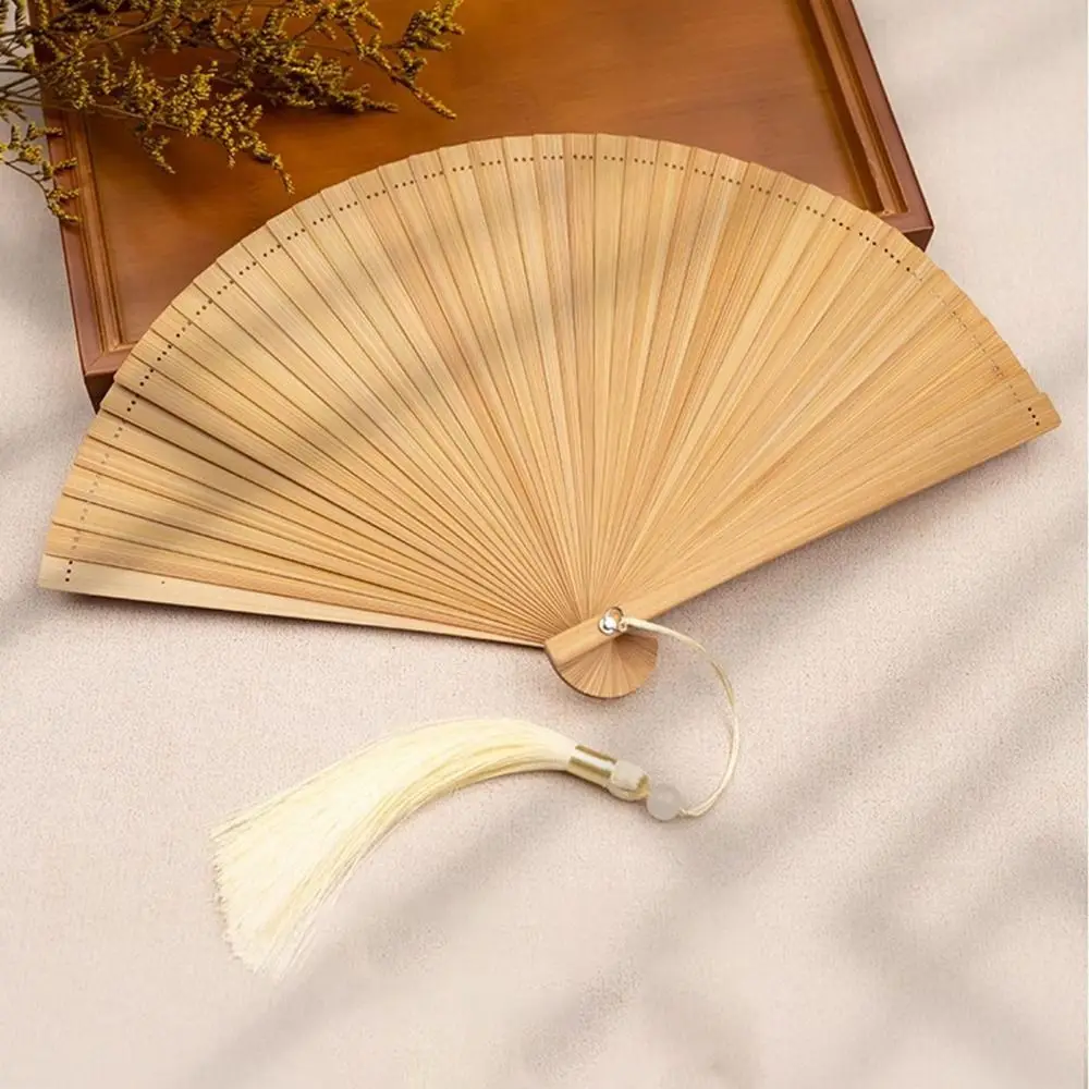 

Chinese Style Solid Color Bamboo Fan Exquisite Retro Elegant Handheld Fans Portable with Random Tassel Kimono Fan