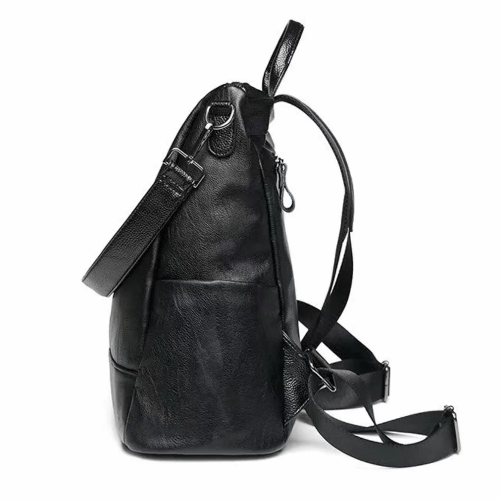 Black Leather Backpack Soft Leather Large Capacity Korean Style Backpack Solid Color Adjustable Straps