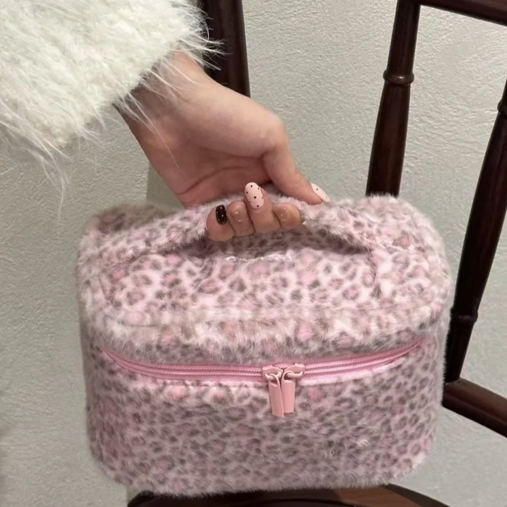 Portable Pink Leopard Print Makeup Bag Large Capacity Top Handle Plush Toiletry Organizer Smooth Material Zipper Cosmetic Bag