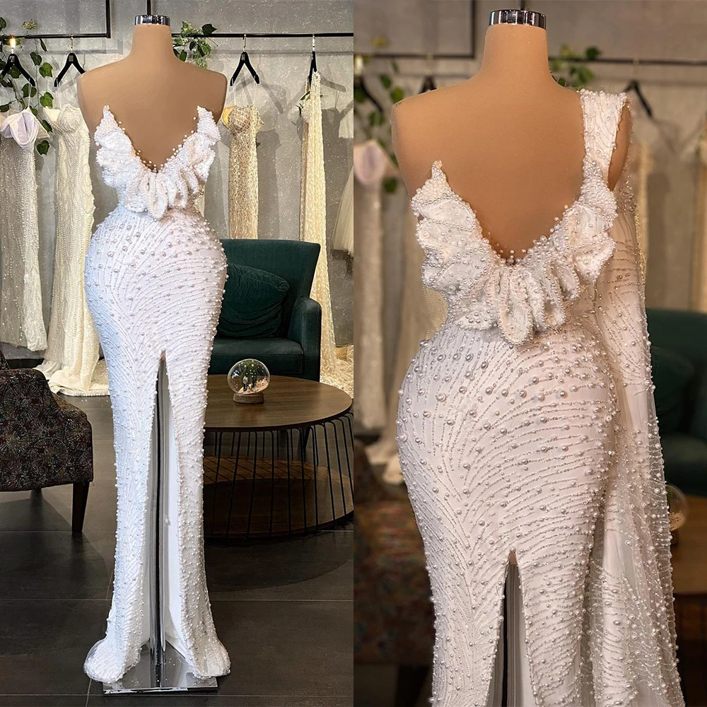 

Sexy Low-Cut Mermaid Wedding Dresses 2022 High Slit Fashion Pearls Pleat Neck Beads Bridal Gown One Shoulder Robe De Vestido