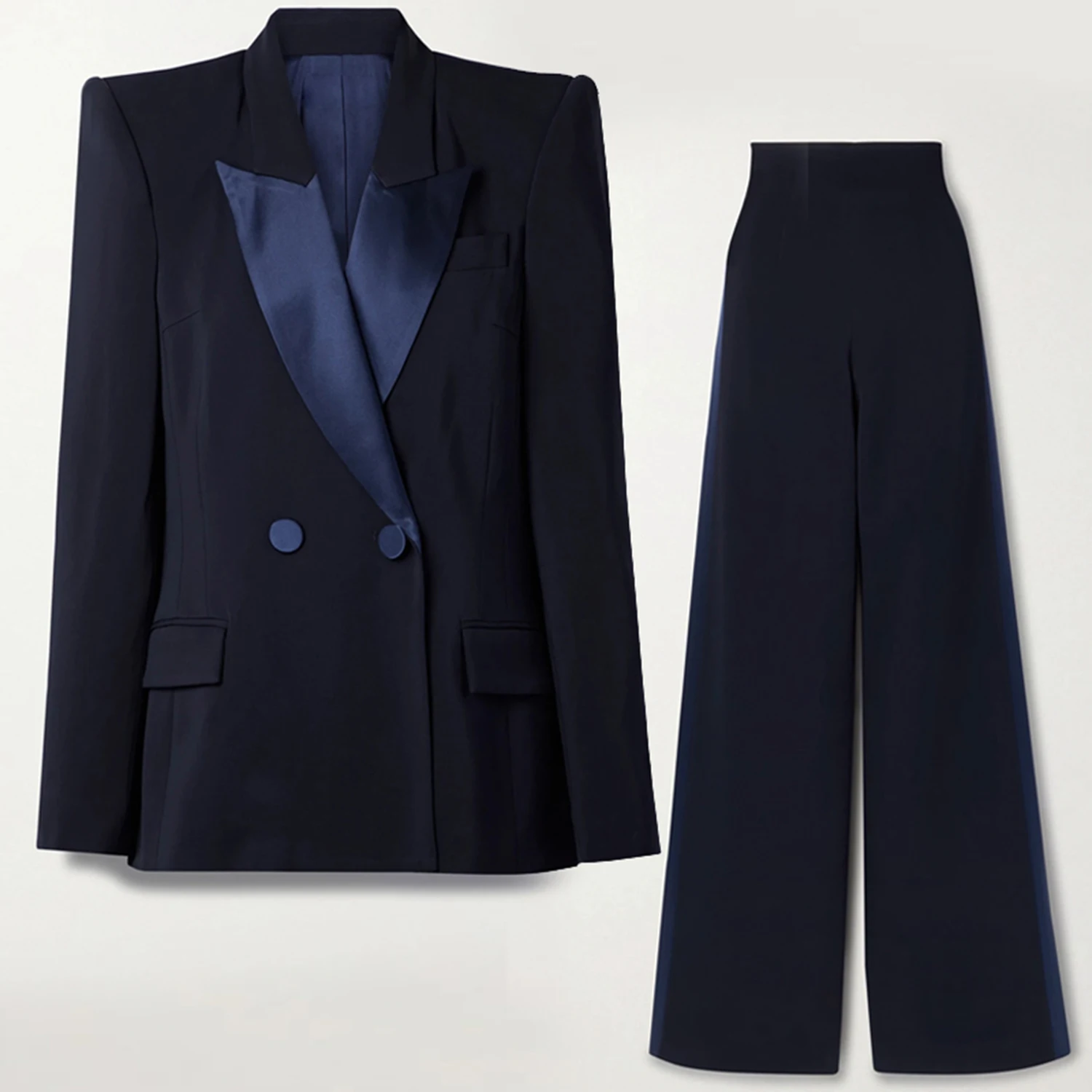 Allingentle Deep Blue Lapel Women's 2 Piece Set Business Suit Fashion Wide-Leg Pantsuit Set for Daily Casual Office Customize