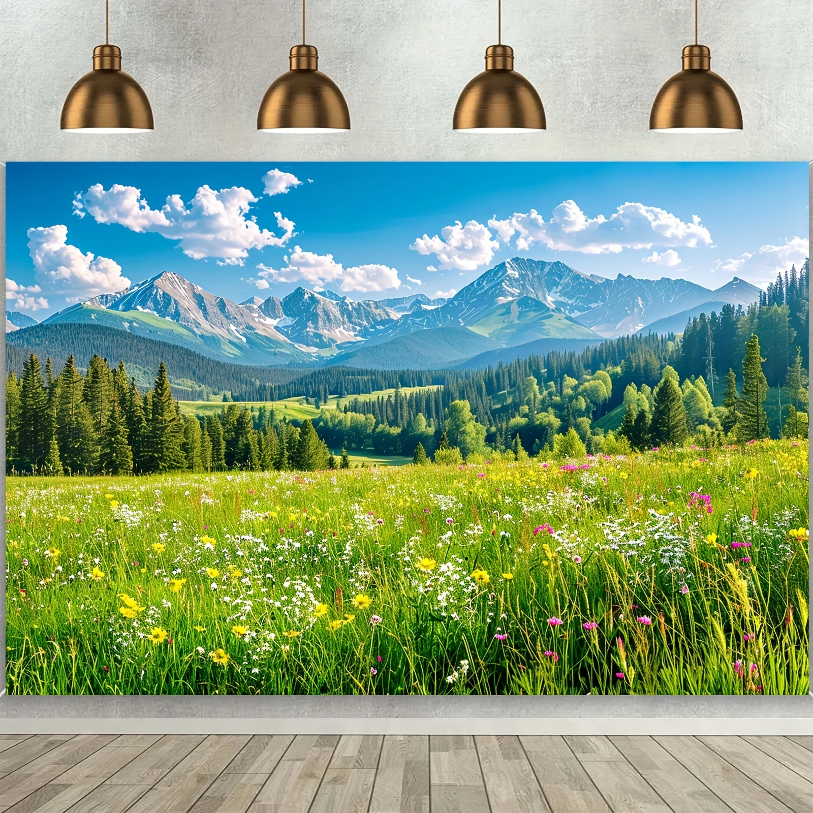 Frühlingslandschaft, grünes Grasland, Kiefern, Waldhintergrund, Fotografie, Camping, Abenteuer, Partyhintergrund, Banner