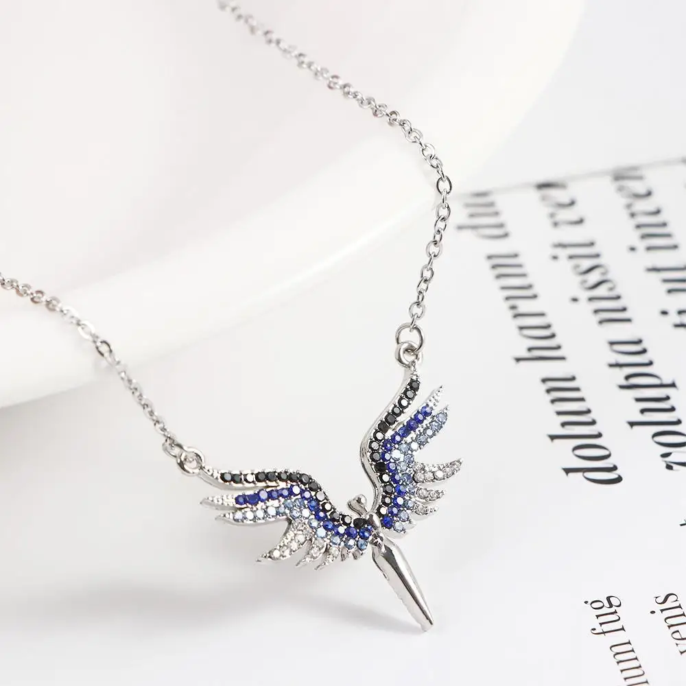 Classic Angel Wings Rainbow Pendant Necklace for Women Rhinestones Clavicle Chain Party Wedding Jewelry Gift