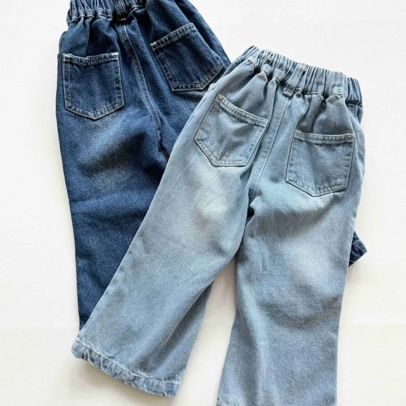 2026 Solid Color Jeans for Girls Vintage Washed Korean Fashion Casual Daily Baby Flare Pants Spring/Fall