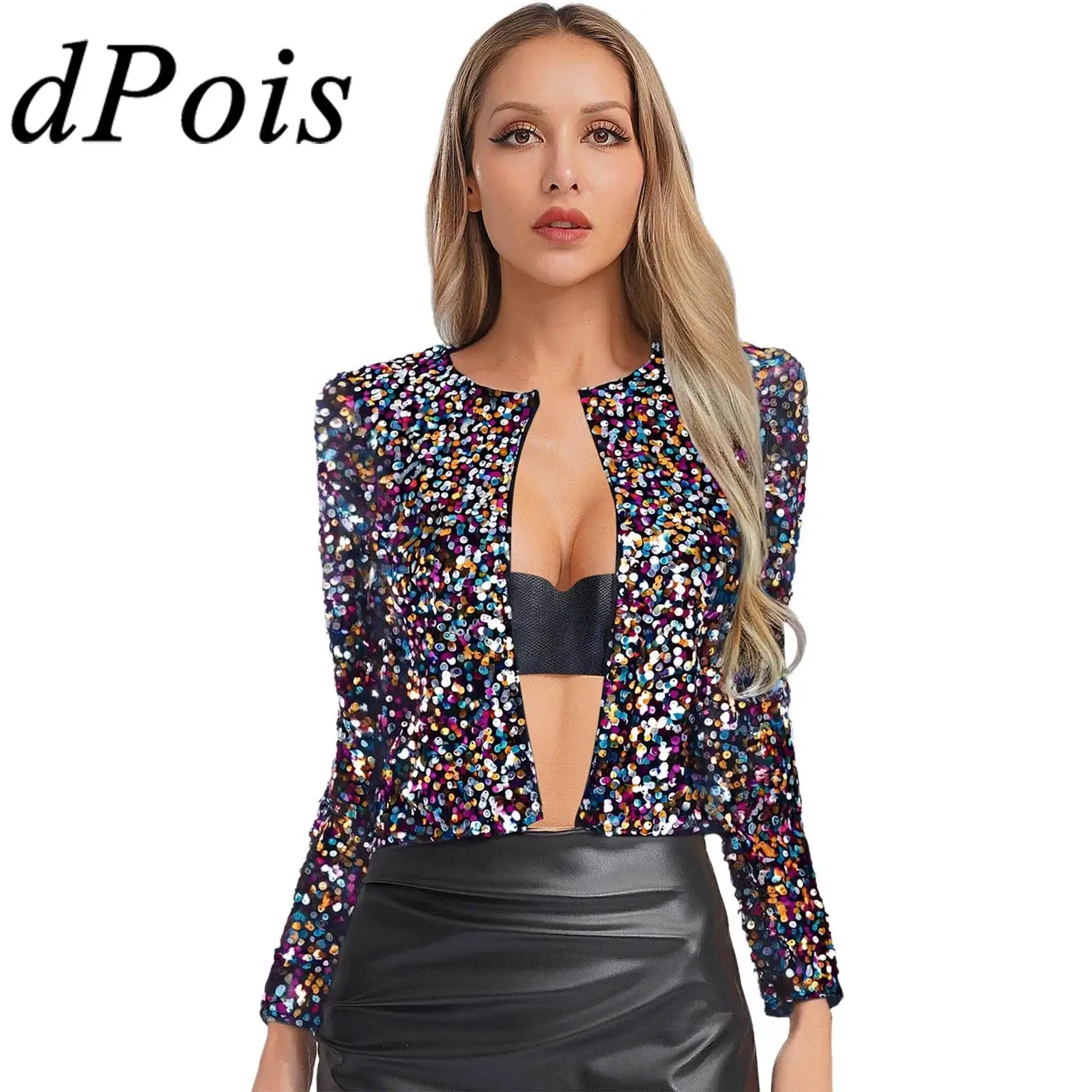 

Women Colorful Sparkly Sequins Jacket Long Sleeve Open Front Blazer Coat Party Casual Bolero Nightclub Banquet Ball Cardigan