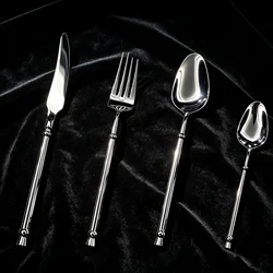 4Pcs Silver Cutlery Set 304 Stainless Steel Bamboo Design Flatware Mirror Polished Spoon Fork Knife for Wedding Home Dining