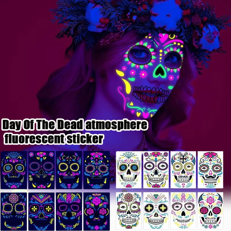 8-16PCS Halloween Glow in Dark Face Tattoos Skull Rose Fluorescent Stickers for Day of Dead Party Cosplay Decor