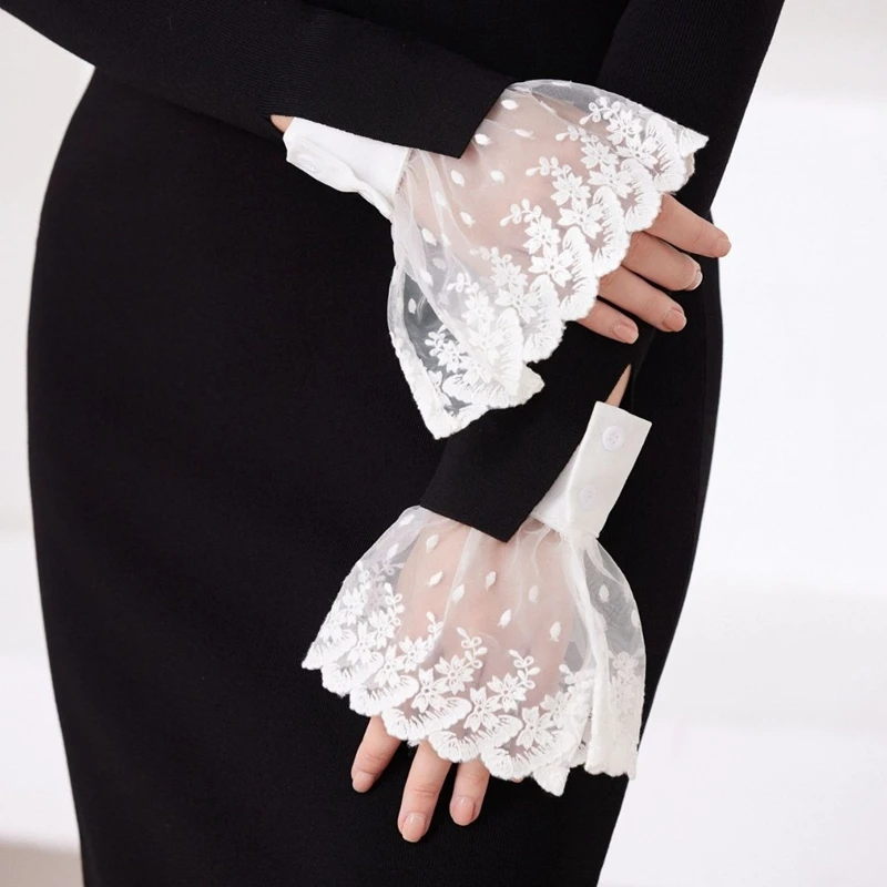 Women Floral Lace False Sleeves Detachable Mesh Flare Cuffs Elegant Embroidery Decortive Wrist Cuffs Sweater Shirt Dress Accesso