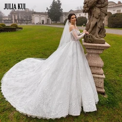 Julia Kui Off Shoulder Full Sleeves Sweetheart Ball Gown Wedding Dress With Beading Pearls Beauty Lace Court Train Bridal Gowns