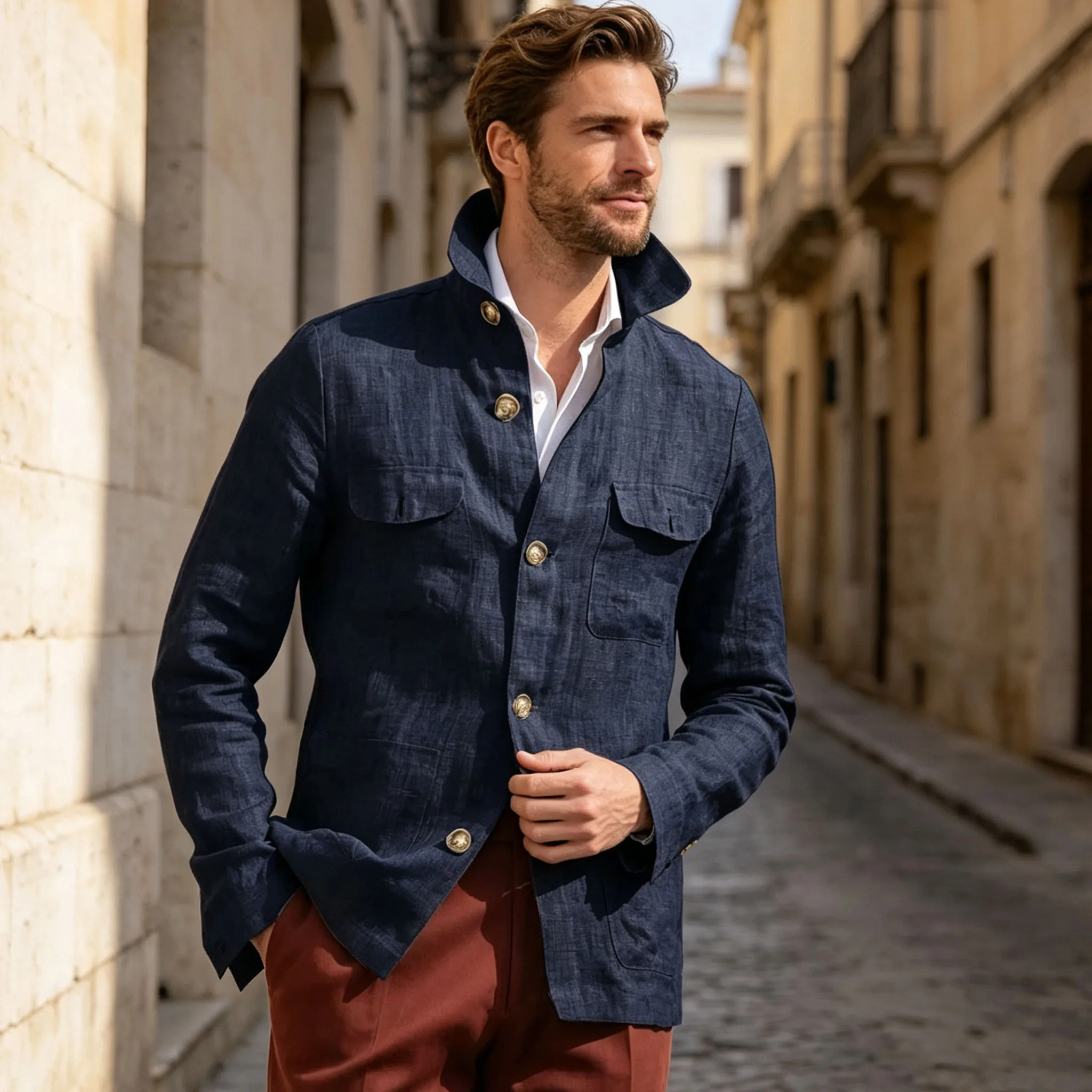 Vintage Men's Linen Safari Blazer Stand Collar Breathable Multi-Pocket Lightweight Casual Jacket Cotton Linen Blend Summer Party