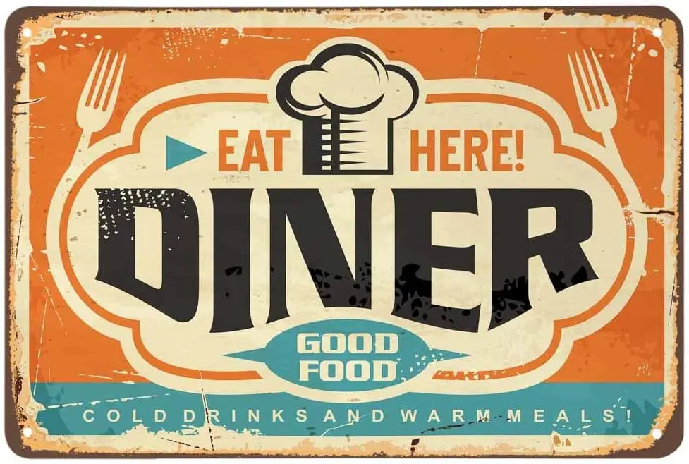 Diner Tin Sign,Rust Chef Hat Food Fork Striped Classic Cloud Curve Oval Stain Spotted Vintage Metal Tin Signs for Cafes Bars Pu