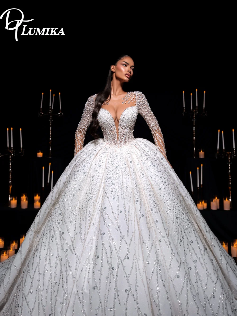 Sparkling Illusion Deep V Wedding Dress 2026 Romantic Long Lace Sleeves Sparkling Beaded Crystal Bride Dress Vestido De Novia